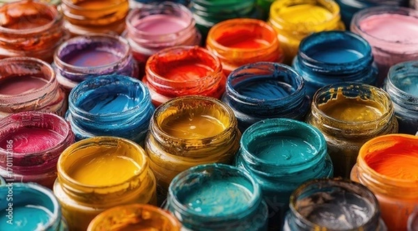 Fototapeta Close-up of many colorful paint jars