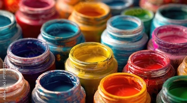 Fototapeta Close-up of many small paint containers, various vibrant colors