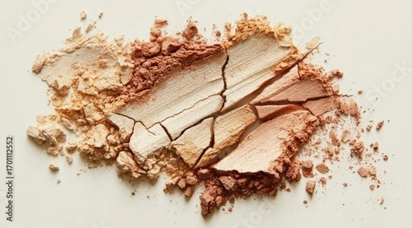 Fototapeta Crushed, pastel-toned eyeshadow or powder, fragmented in a light beige, peach, and light brown color palette, scattered on a white background