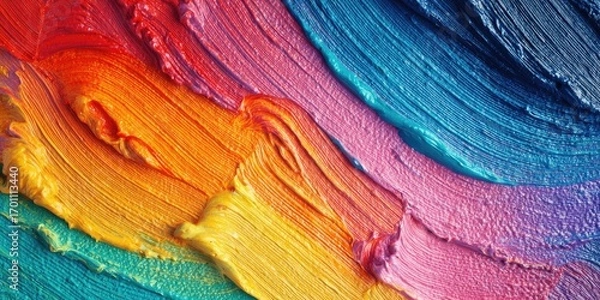 Fototapeta Abstract close-up of vibrant paint strokes in a spectrum of colors, showing thick, textured application