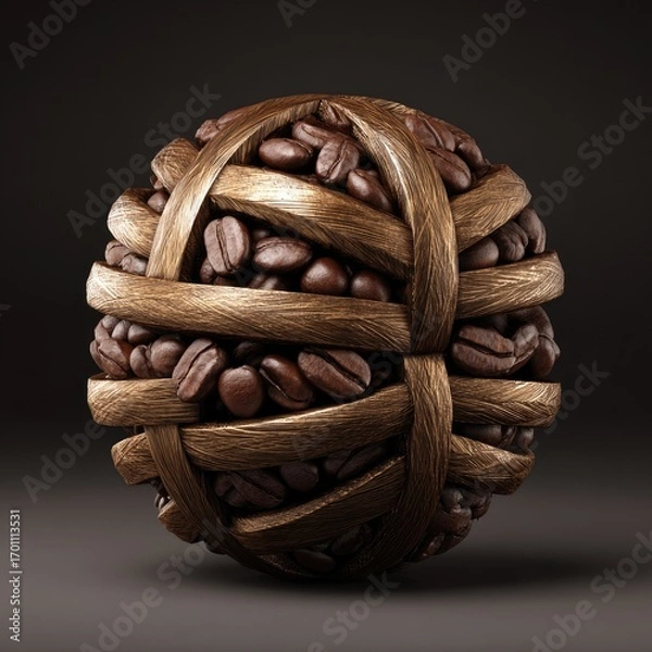 Fototapeta A sphere of coffee beans, nestled within a woven wooden lattice