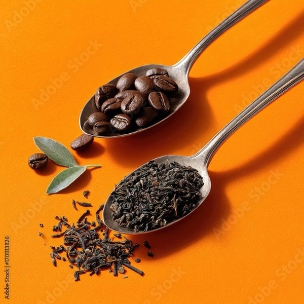 Fototapeta Two spoons, one filled with coffee beans and the other with loose leaf tea, sit on an orange surface.  Small green leaves are near the tea