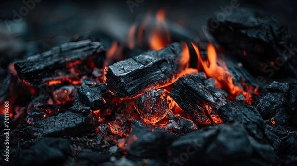 Fototapeta Close-up view of glowing embers and flames in a fire