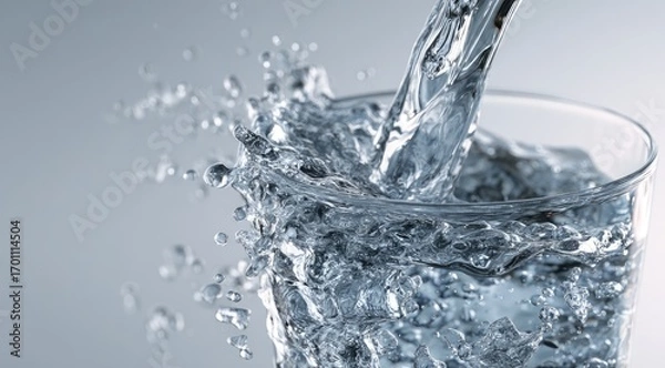 Fototapeta Water pouring into a glass, creating splashes (1)