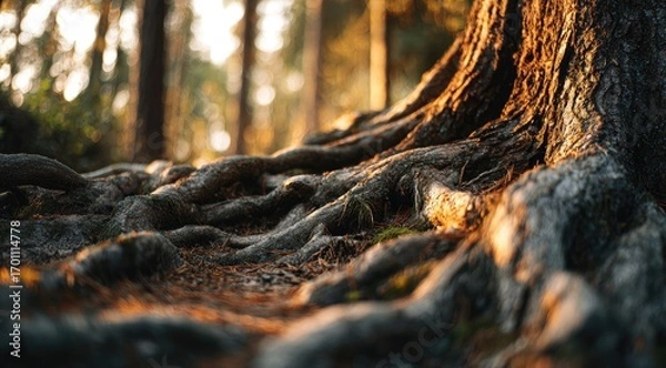 Fototapeta Massive tree roots in forest floor, sunlit