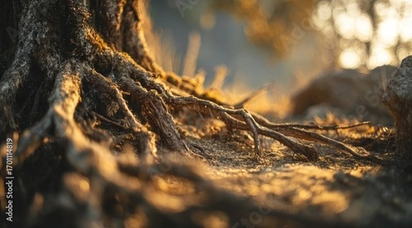 Fototapeta Close-up of gnarled tree roots in golden sunlight