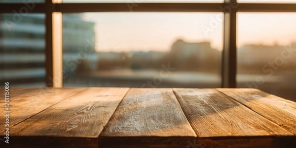 Fototapeta Wooden table top with blurred city view through large windows at sunset