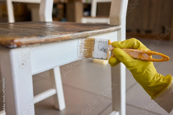 Fototapeta Engage in DIY chair restoration using a paint brush and protective gloves for the process