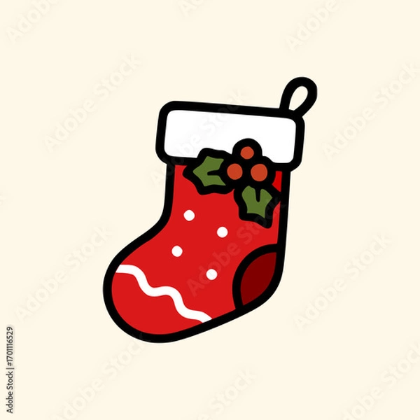 Fototapeta Cute holiday stocking in red color with white pattern and green holly leaves simple festive winter seasonal design