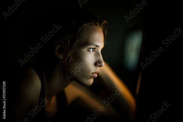 Fototapeta teenager deeply engaged in online game on computer demonstrating clear communication with friends