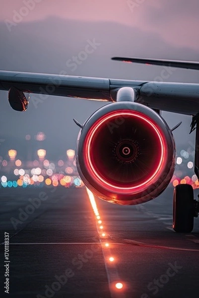 Fototapeta Airplane engine glowing red on tarmac at dusk