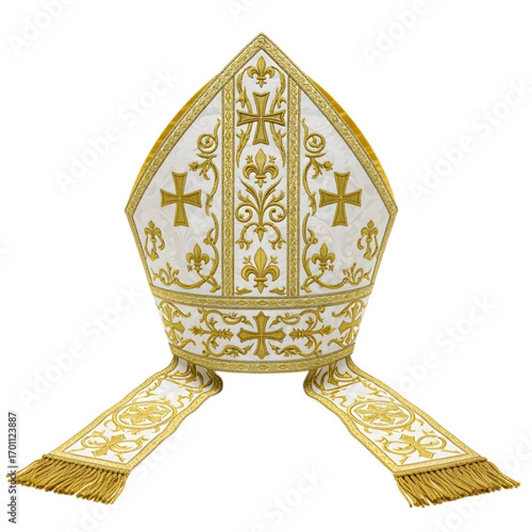 Obraz A white mitre ornately decorated with gold crosses fleurdelis and tassels on white or transparent background
