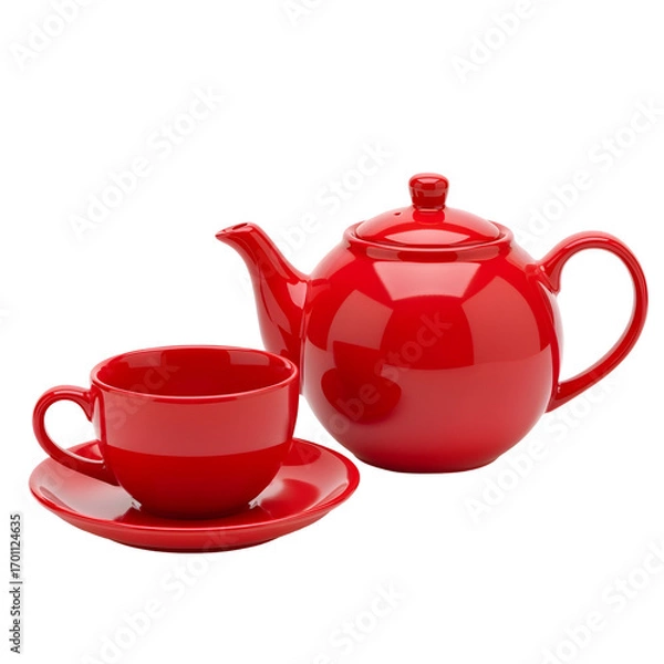Obraz Glossy red teapot cup on white or transparent background