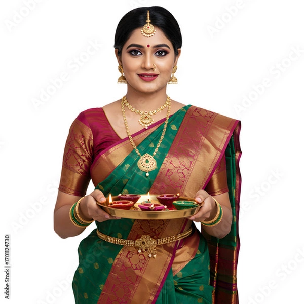Obraz Indian woman in saree holds lit diyas on a tray adorned with jewelry on white or transparent background