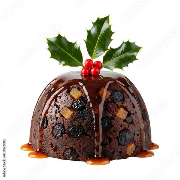 Fototapeta Christmas pudding with holly and berries isolated on transparent background