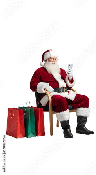 Fototapeta Santa claus sitting in a chair with a smartphone and shopping bags isolated on transparent background