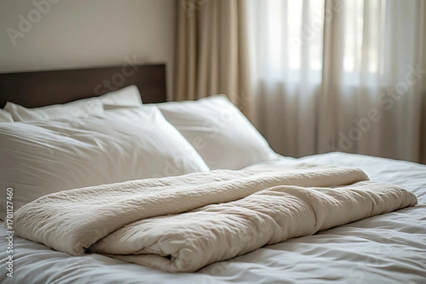 Fototapeta A close-up shot of a neatly made bed with pristine white linens and soft, folded blankets.