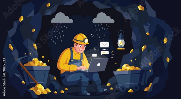 Fototapeta Miner using laptop in dark cave with gold and rain