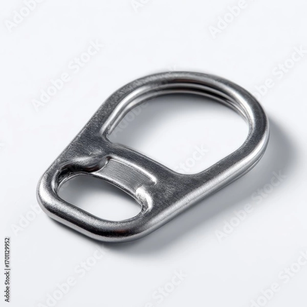 Obraz Close up of a single silver aluminum pull tab from a soda or beverage can isolated on a white background
