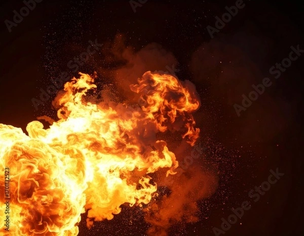 Fototapeta Intense Orange Fireball with Rising Smoke and Sparkling Embers Against a Black Background