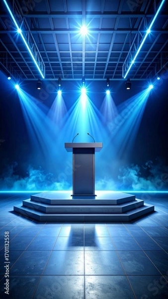 Fototapeta Illuminated Podium on Tiered Stage with Blue Spotlights and Atmospheric Mist