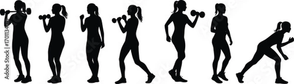 Fototapeta Silhouettes of a woman performing various fitness exercises including dumbbell lifting, walking, and sprinting in multiple active workout poses vector.Silhouettes of a woman performing various  