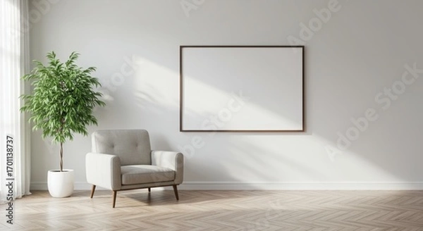 Fototapeta A blank picture frame hangs on a white wall above an armchair, beside a green houseplant, creating a peaceful interior space in an empty modern room.