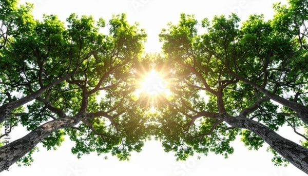 Fototapeta Sunburst Through Tree Canopy with Bright Light in Summer Green Leaves in Bottom View and Isolated White