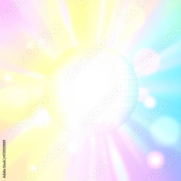 Fototapeta Disco Ball Reflecting Light with Rainbow Radial Rays Background for Party and Celebration