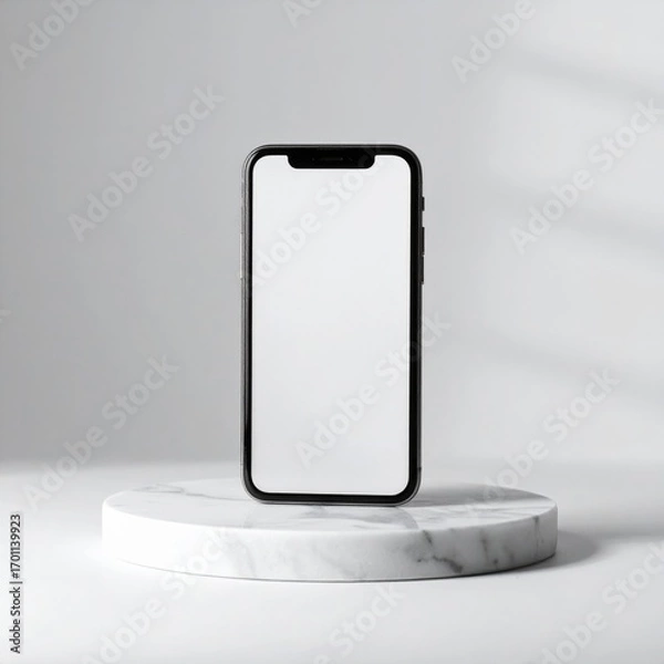 Fototapeta Black Framed Smartphone Displaying White Screen on Marble Pedestal in Studio