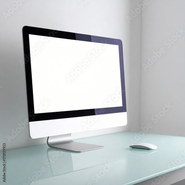 Fototapeta Silver Imac on Turquoise Tabletop with Wireless Mouse Against White Background