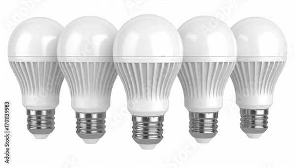 Fototapeta Five LED Bulbs in a Row White Domed Tops Silver Bases with Cooling Fins on a White Background Studio Lighting