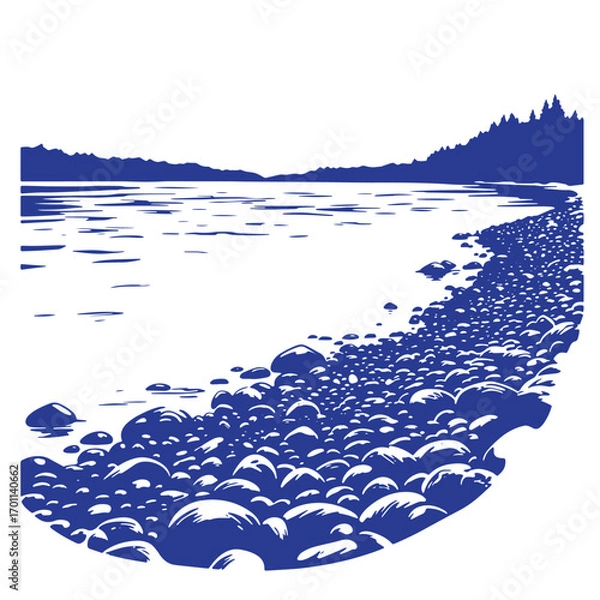 Obraz Blue vector illustration depicting a rocky shoreline lake and distant mountain range