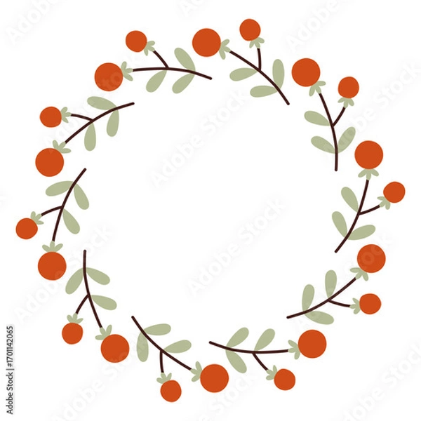 Fototapeta Autumn berry circle frame. Round border made of fall berries. The berries have different shapes and are arranged in a circle. Vector flat isolated on white background.