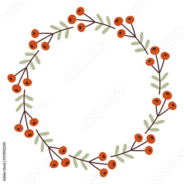 Fototapeta Autumn berry circle frame. Round border made of fall berries. The berries have different shapes and are arranged in a circle. Vector flat isolated on white background.