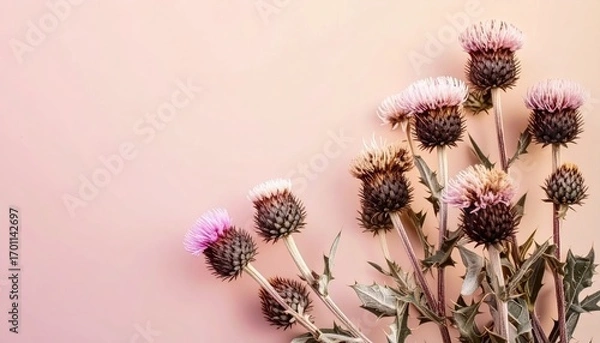 Obraz Dried Thistle Flowers on Pink Background