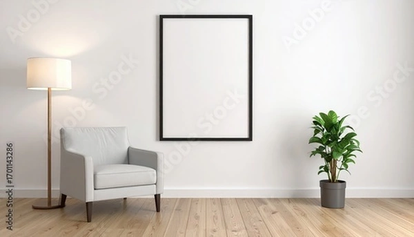 Obraz An elegantly styled room showcases a blank framed poster above a modern armchair beside a lush potted plant under the warm glow of a floor lamp, simple beauty.