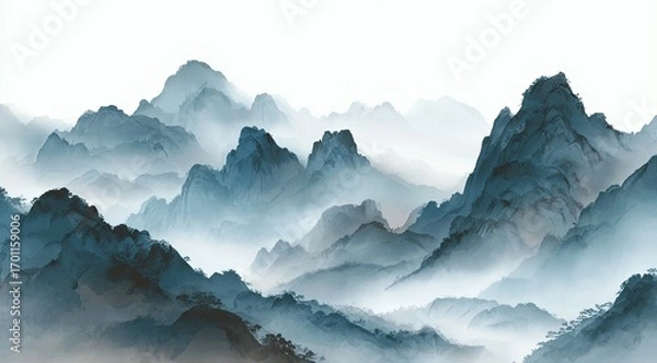 Obraz Misty mountain range, painted in ink wash style, with soft blues, grays, and blacks