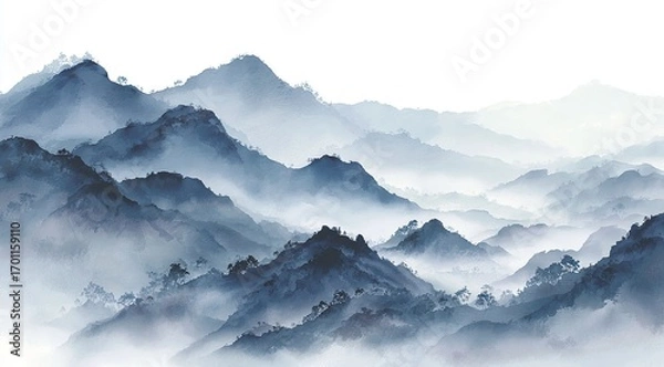 Obraz Misty mountain range, painted in soft blues and grays