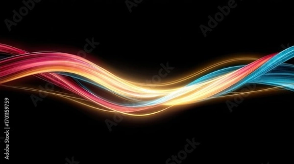 Obraz Abstract design with vibrant, swirling, luminous ribbons in red, orange, yellow, and blue, on a black background
