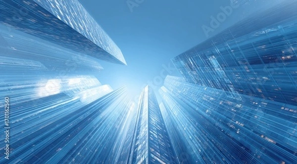 Obraz Elevated view of modern skyscrapers.  Glass facades reach skyward against a bright blue sky