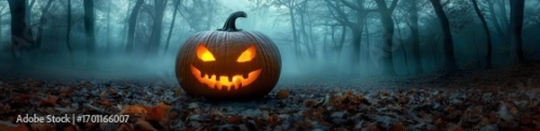 Fototapeta Glowing Jack-O'-Lantern in a spooky forest setting