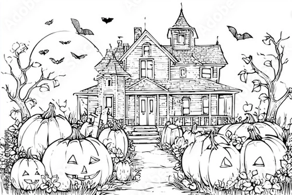 Fototapeta Haunted house with pumpkins and flying bats in a spooky environment