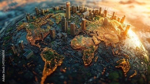 Obraz Global cityscapes at sunset, detailed 3D world map.