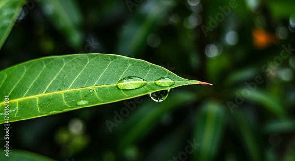 Fototapeta Macro Raindrop on Tip of Mango leaf – Monsoon Nature Closeup	
