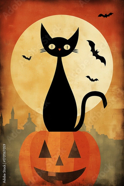 Fototapeta Black cat on pumpkin with full moon and bats in the background