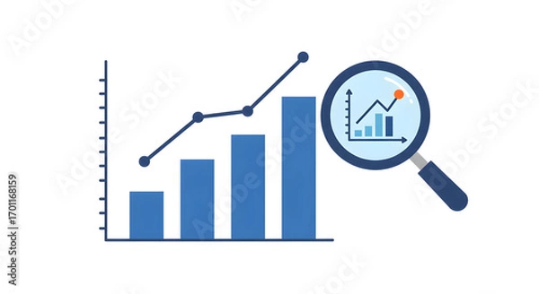 Obraz データ分析と成長の概念イラスト - 上昇グラフと虫眼鏡のフラットデザインアイコン