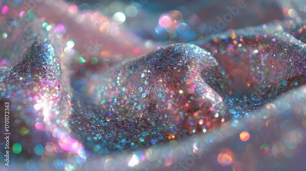 Fototapeta Close-up of shimmering fabric with iridescent glitter.  Soft, pastel colors blend in flowing, textured folds