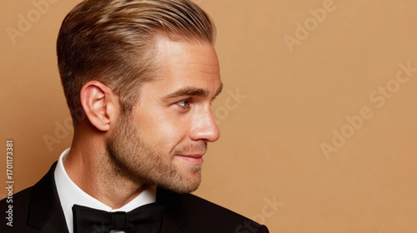 Fototapeta Elegant man in tuxedo with stylish haircut, showcasing confident profile against warm, neutral background. His expression conveys charm and sophistication, perfect for formal occasions