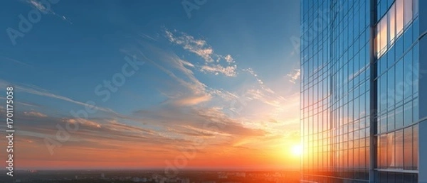 Fototapeta A glass skyscraper reflects the beautiful sunset with orange and yellow light on a clear day with scattered clouds in the horizon line.